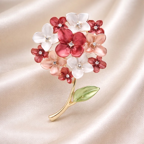 Anthropologie Jewelry - Pink Hydrangea Floral Gold Brooch